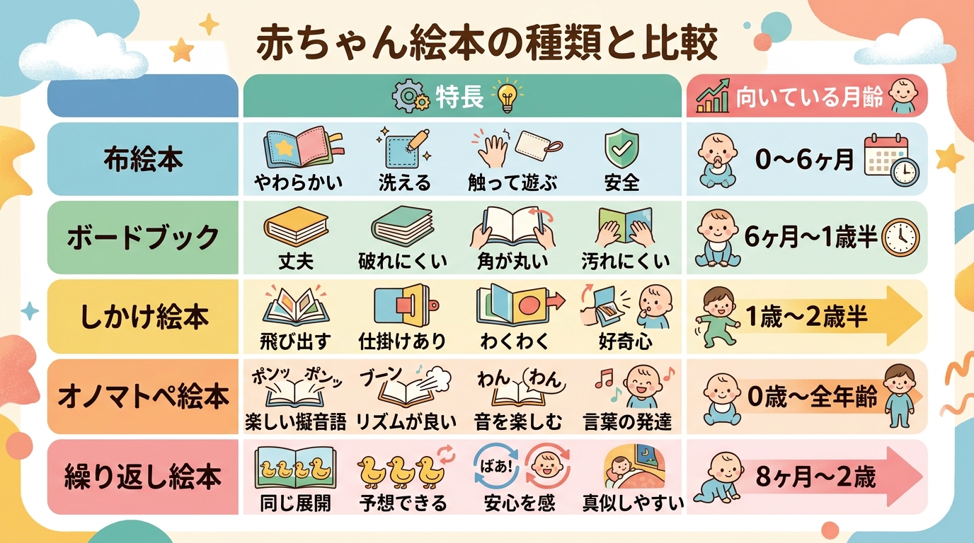 赤ちゃん絵本のジャンルを比較したイラスト付き表。「布絵本」「ボードブック」「しかけ絵本」「オノマトペ絵本」「繰り返し絵本」の5種類を縦に並べ、各行に「特徴」「向...