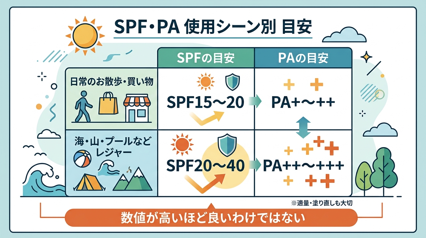 Spf・paの使用シーン別目安をまとめた比較表イラスト。縦軸に「日常のお散歩・買い物」「海・山・プールなどレジャー」の2行、横軸に「spfの目安」「paの目安」...
