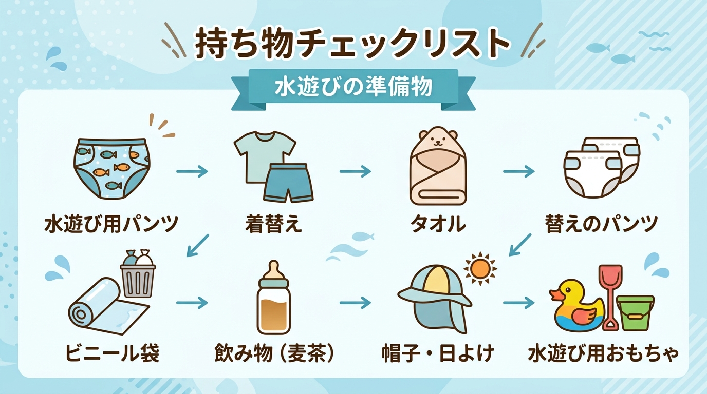 赤ちゃんの水遊びの準備物を並べたフラットレイ風インフォグラフィック。アイテムごとにアイコンと日本語ラベル「水遊び用パンツ」「着替え」「タオル」「替えのパンツ」「...