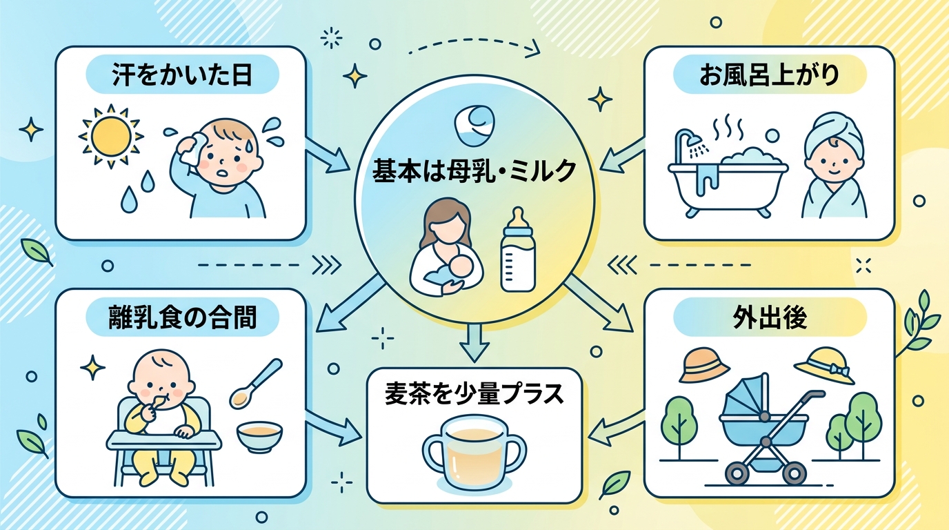 夏の赤ちゃんの水分補給シーンを示すフロー型イラスト。「基本は母乳・ミルク」を中心に、周囲に「汗をかいた日」「お風呂上がり」「外出後」「離乳食の合間」の4シーンを...