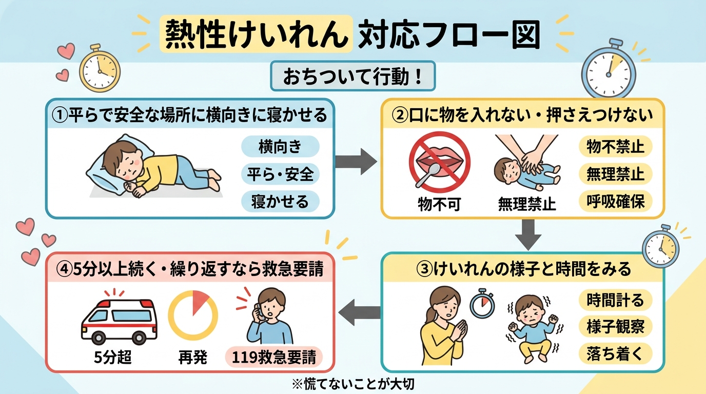 熱性けいれんが起きたときの対応フロー図。「①平らで安全な場所に横向きに寝かせる」→「②口に物を入れない・押さえつけない」→「③けいれんの様子と時間をみる」→「④...