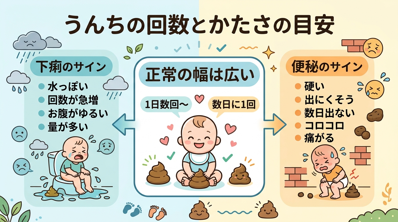 うんちの回数とかたさの目安を示す図。「正常の幅は広い（1日数回〜数日に1回）」を中央に置き、左に「下痢：水っぽい・回数が急増」、右に「便秘：硬い・出にくそう・数...