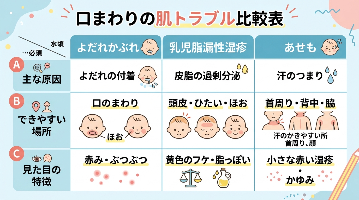 口まわりの肌トラブルを比較した表イメージ。「よだれかぶれ」「乳児脂漏性湿疹」「あせも」を列に、「主な原因」「できやすい場所」「見た目の特徴」を行に配置し、各セル...