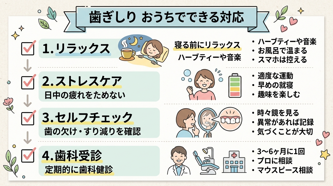 歯ぎしりへのおうちでの対応をまとめた図。「寝る前にリラックスできる時間をつくる」「日中の疲れや興奮をためすぎない」「歯の欠け・すり減りを時々チェック」「定期的に...