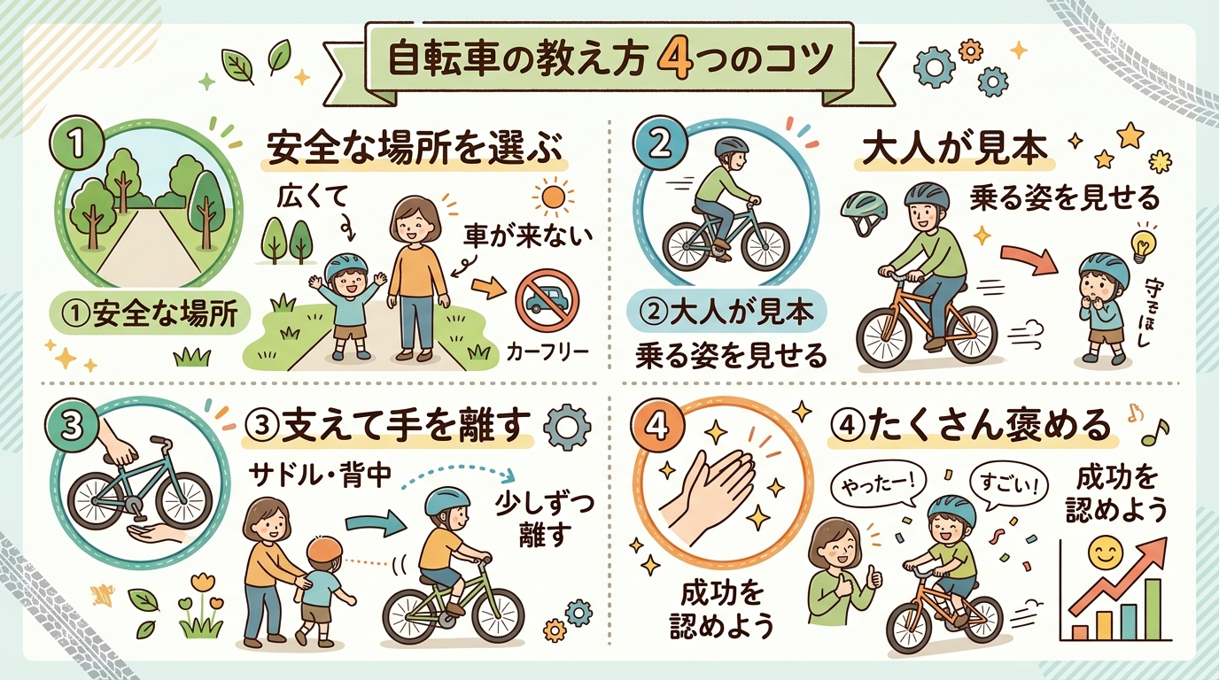 自転車の教え方4つのコツをまとめた図。「広くて車の来ない安全な場所を選ぶ」「大人が見本を見せる」「サドルや背中を支えて少しずつ手を離す」「できたらたくさん褒める...