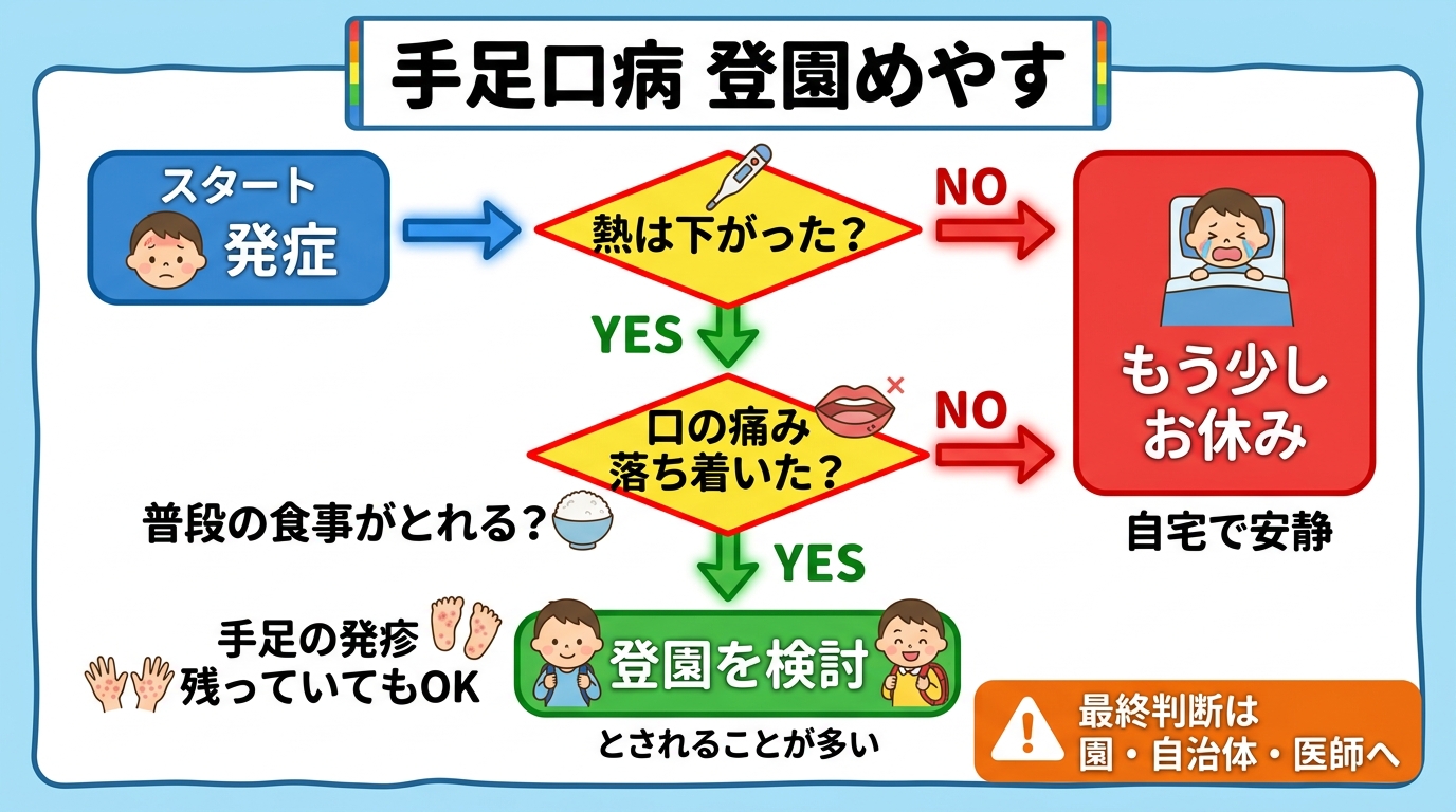 手足口病の登園めやす判断フロー図。スタート「発症」→ 分岐「熱は下がった？」「口の痛みが落ち着いて普段の食事がとれる？」→...