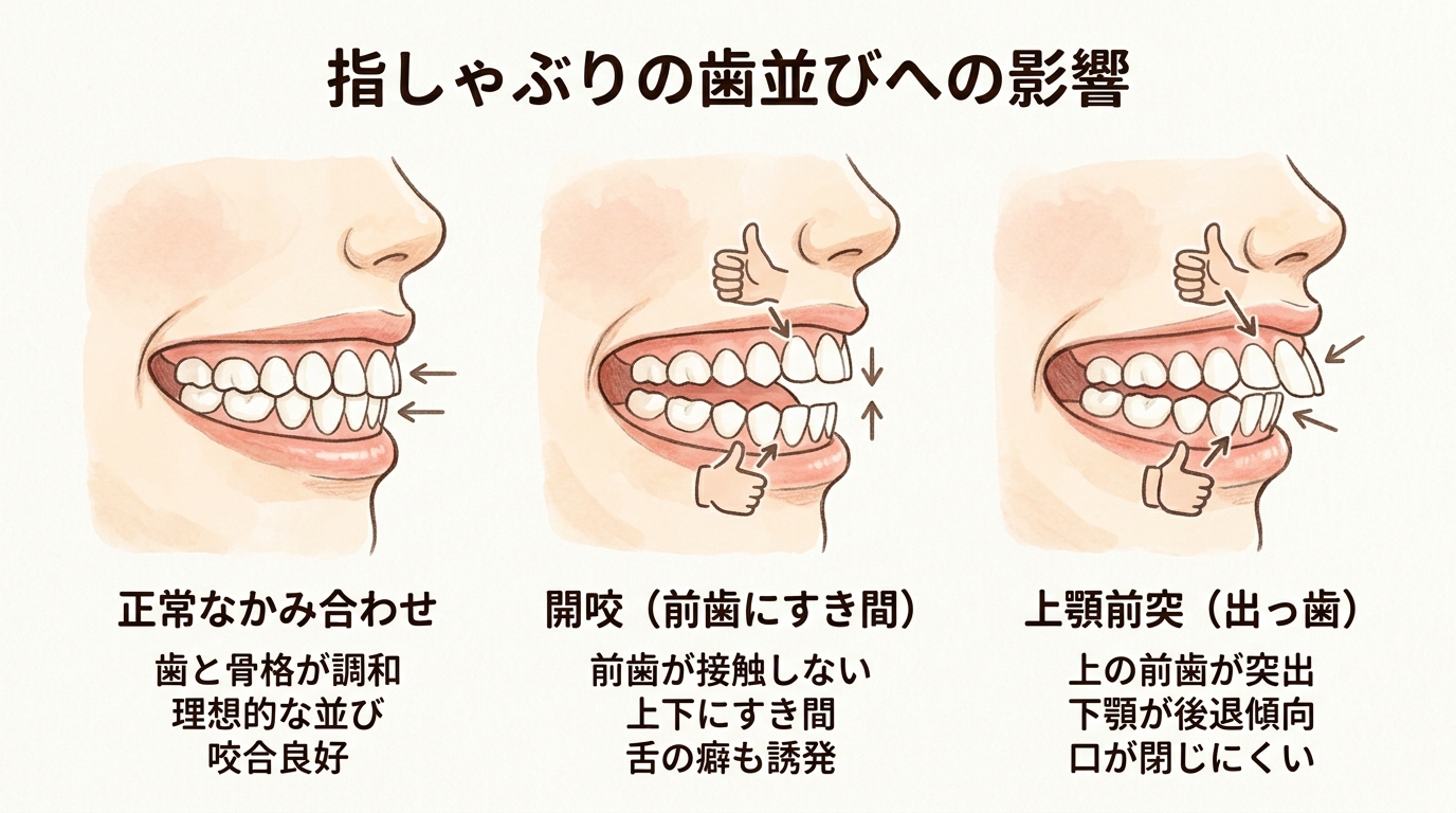 指しゃぶりが歯並びに与える影響を示す比較イラスト。左に「正常なかみ合わせ」、中央に「開咬（前歯にすき間）」、右に「上顎前突（出っ歯）」の3つの口元の断面イラスト...