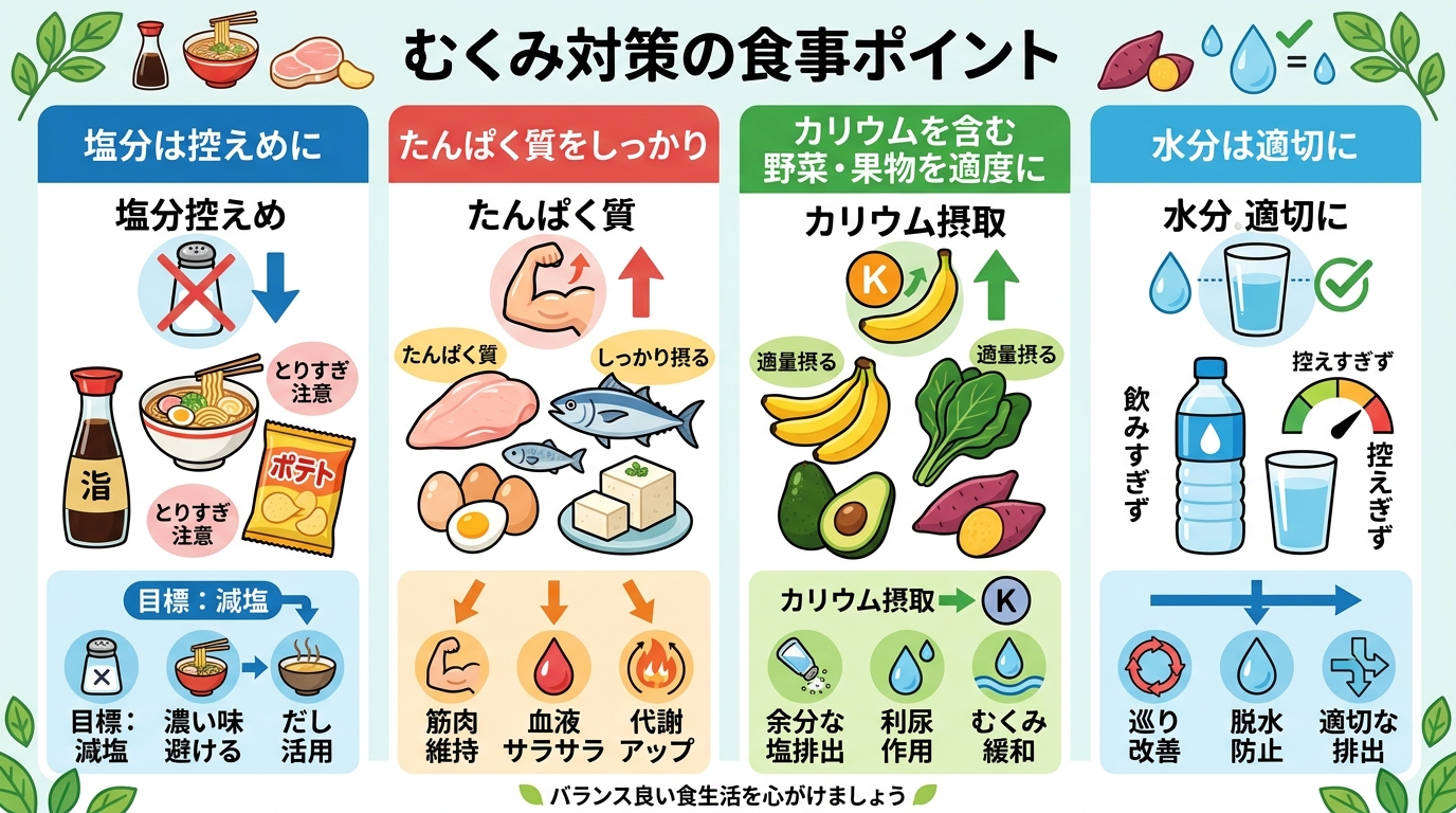 むくみ対策の食事ポイントを示す図。「塩分は控えめに（とりすぎ注意）」「たんぱく質をしっかり」「カリウムを含む野菜・果物を適度に」「水分は控えすぎず適切に」の4項...