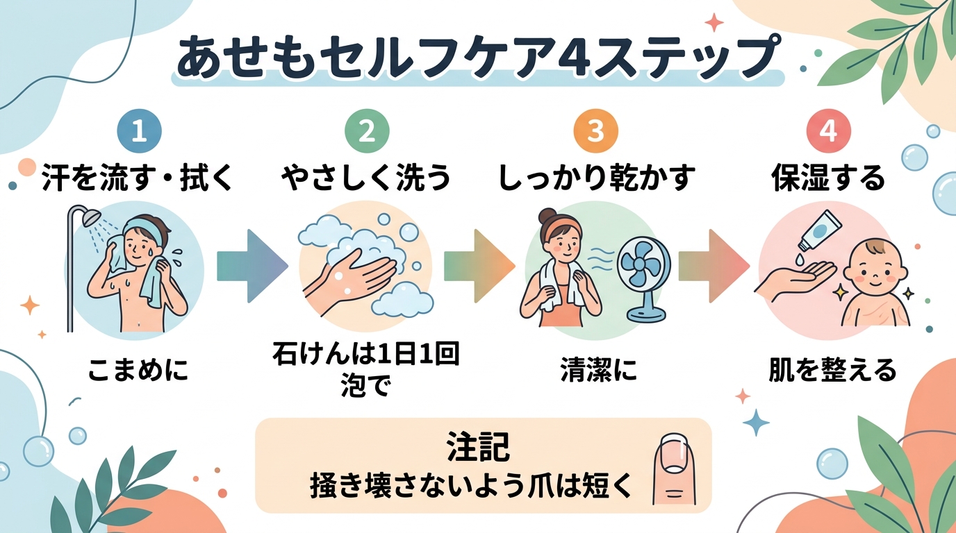 あせもセルフケア4ステップのフロー図。「汗を流す・拭く」→「やさしく洗う（石けんは1日1回まで・泡で）」→「しっかり乾かす」→「保湿する」の矢印付きステップ。各...
