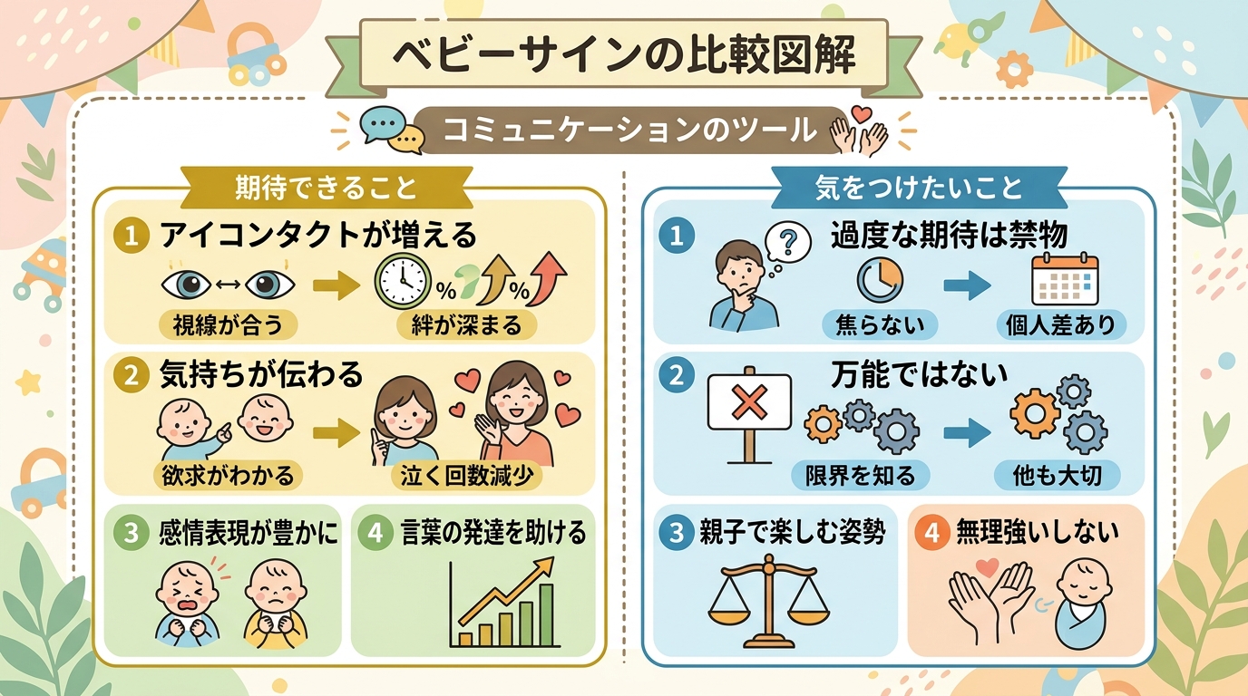 ベビーサインのメリットと心配ごとを整理した比較図解。左に「期待できること（アイコンタクトが増える・気持ちが伝わる）」、右に「気をつけたいこと（過度な期待は禁物・...