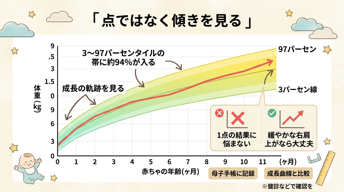母子手帳の乳幼児身体発育曲線（パーセンタイル）の見方を説明する図解。帯状のグラフに「3〜97パーセンタイルの帯に約94%が入る」という注釈と、帯の中で右肩上がり...