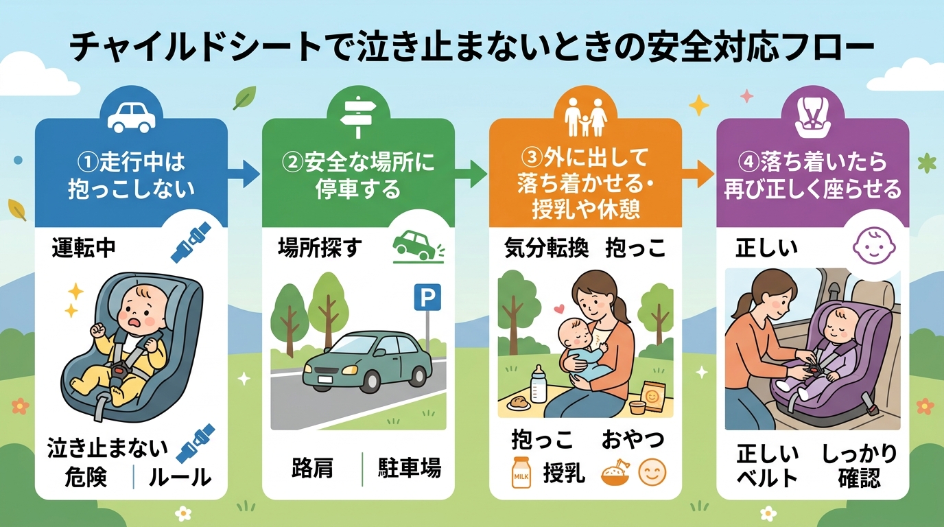 チャイルドシートで泣き止まないときの安全な対応フロー図。「①走行中は抱っこしない」→「②安全な場所に停車する」→「③外に出して落ち着かせる・授乳や休憩」→「④落...