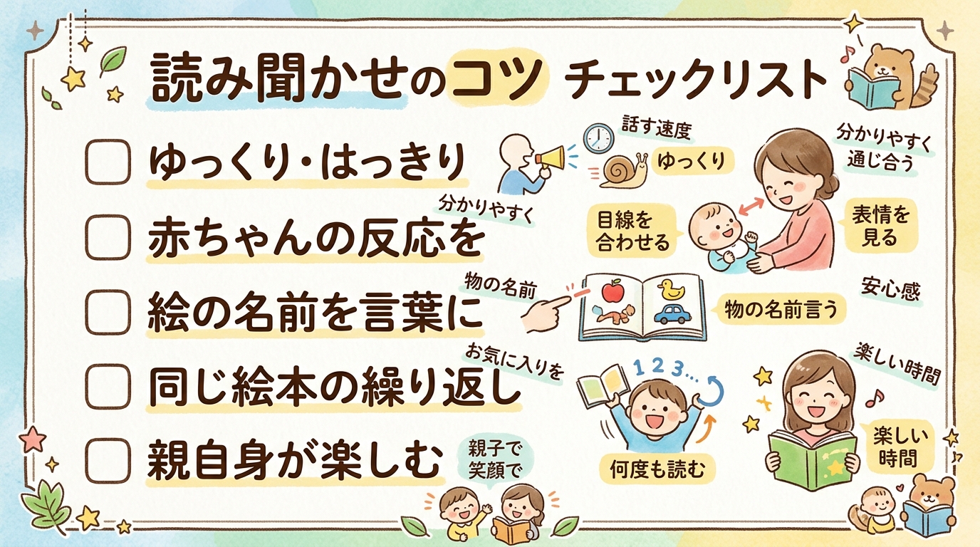 読み聞かせのコツをまとめたチェックリスト風イラスト。「ゆっくり・はっきり読む」「赤ちゃんの反応を見て進める」「絵の名前を言葉にする」「同じ絵本の繰り返しを楽しむ...