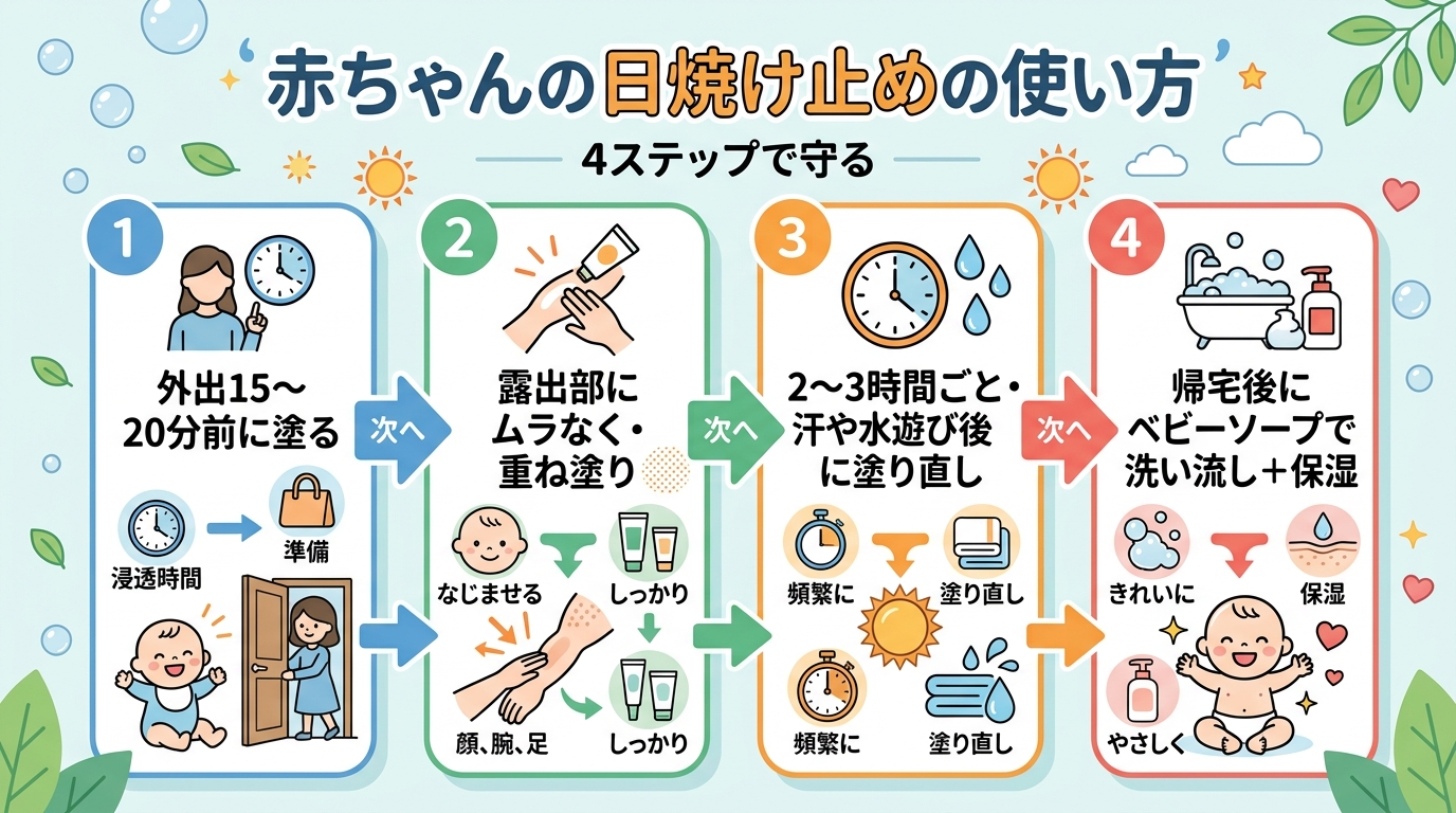 赤ちゃんへの日焼け止めの使い方4ステップフロー図。「外出15〜20分前に塗る」→「露出部にムラなく・重ね塗り」→「2〜3時間ごと・汗や水遊び後に塗り直し」→「帰...