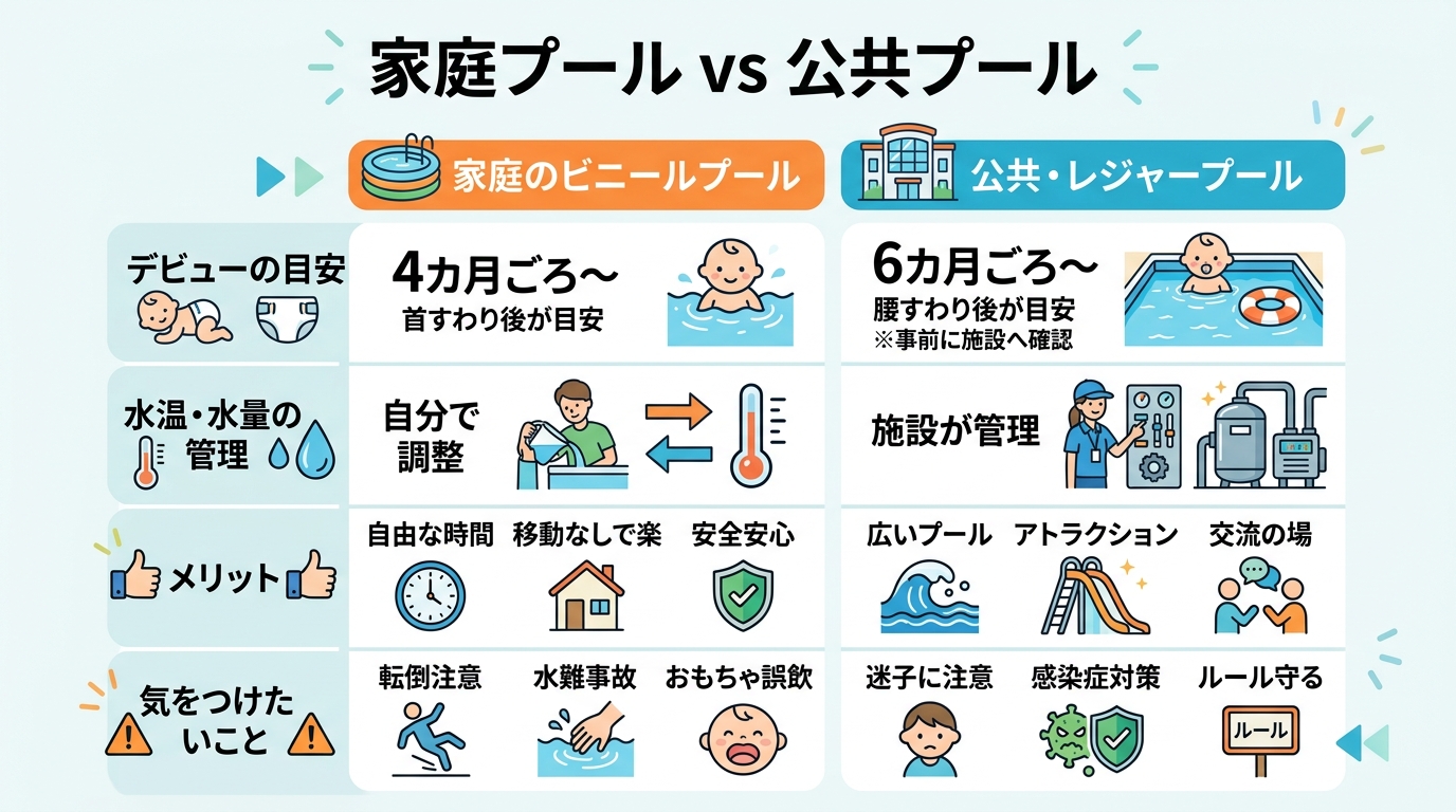 「家庭のビニールプール」と「公共・レジャープール」を2列で比べた比較表インフォグラフィック。比較項目は「デビューの目安」「水温・水量の管理」「メリット」「気をつ...