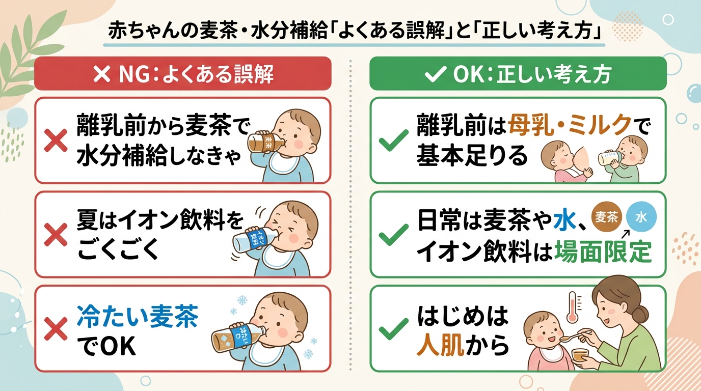 赤ちゃんの麦茶・水分補給にまつわる「よくある誤解」と「正しい考え方」を左右で対比したイラスト。左列（ng・バツ印）に「離乳前から麦茶で水分補給しなきゃ」「夏はイ...