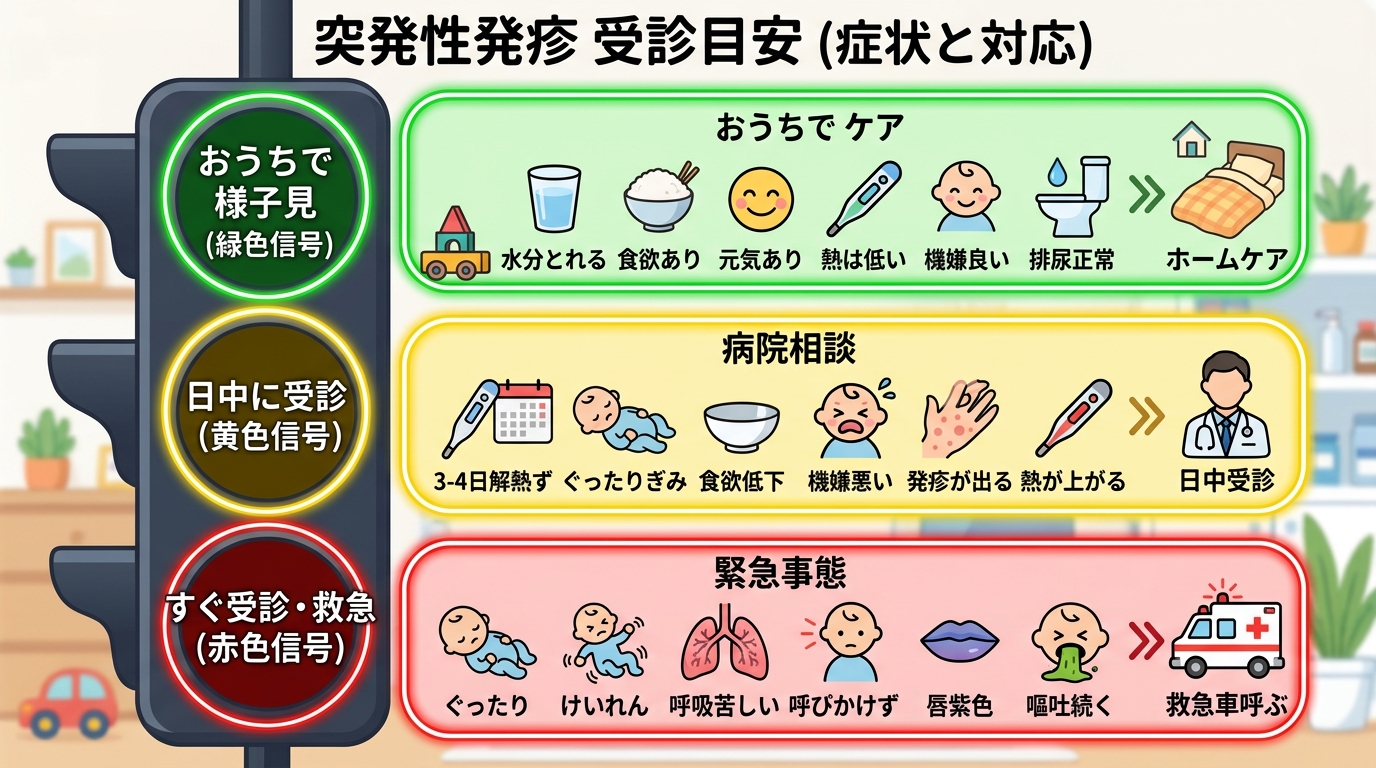 突発性発疹の受診目安を「おうちで様子見」「日中に受診」「すぐ受診・救急」の3段階で色分けした信号機型の図。各段階に「水分がとれている」「3〜4日たっても解熱しな...