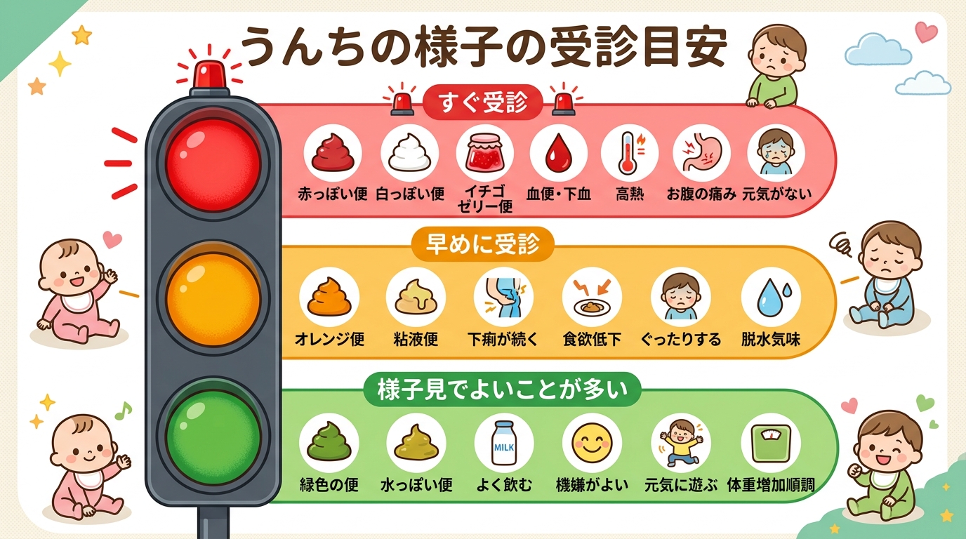 うんちに関する受診目安を「すぐ受診」「早めに受診」「様子見でよいことが多い」の3段階に色分けした信号機型の図。各段階に「白っぽい便・イチゴゼリー状の血便」「血が...