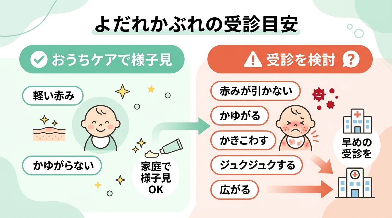 よだれかぶれの受診目安を「おうちケアで様子見」「受診を検討」の2段階に分けた図。様子見側に「軽い赤み・かゆがらない」、受診側に「赤みが引かない」「かゆがる・かき...