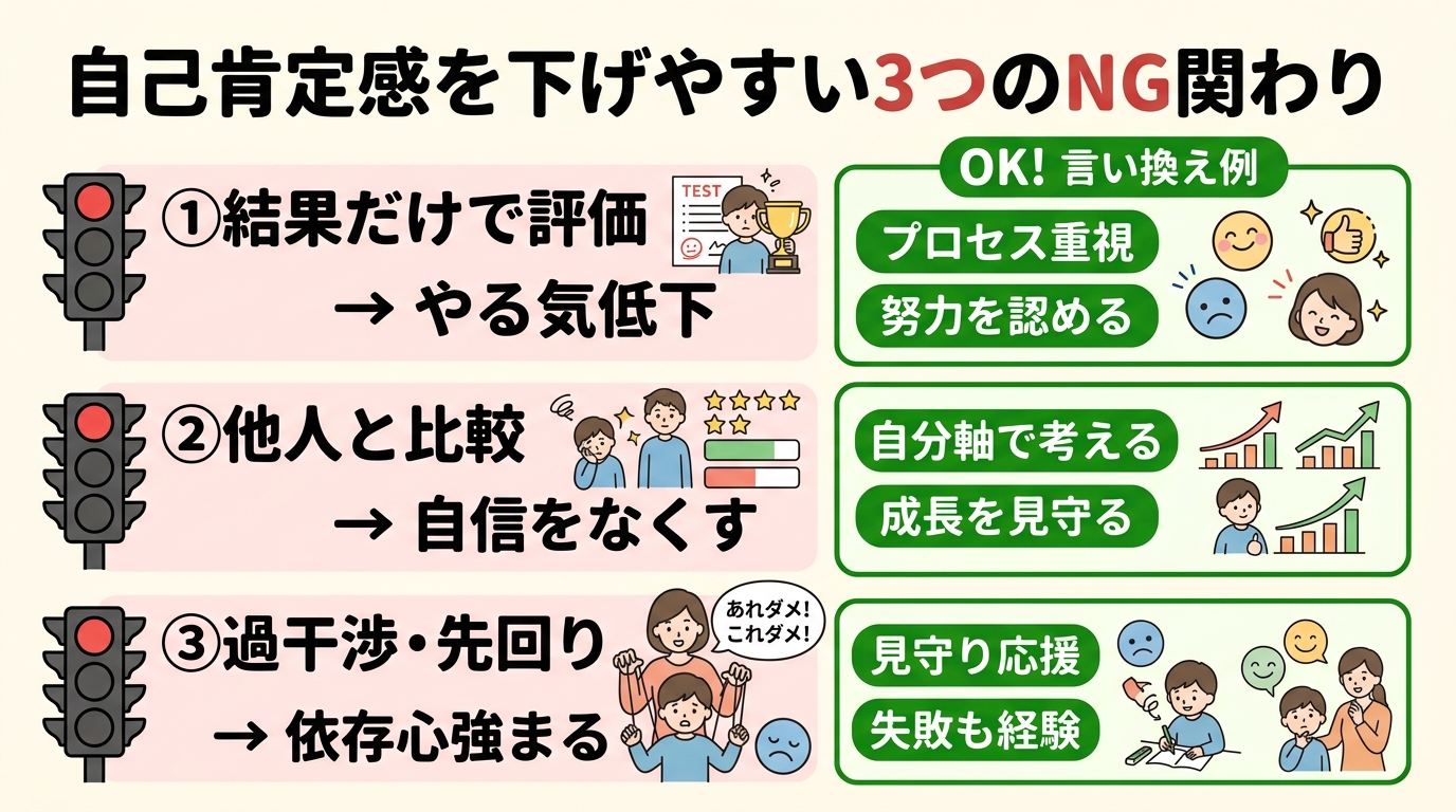 自己肯定感を下げやすい3つのng関わりを示した注意喚起イラスト。「①結果だけで評価」「②他人と比較」「③過干渉・先回り」の3項目を信号の赤色アイコンで並べ、それ...