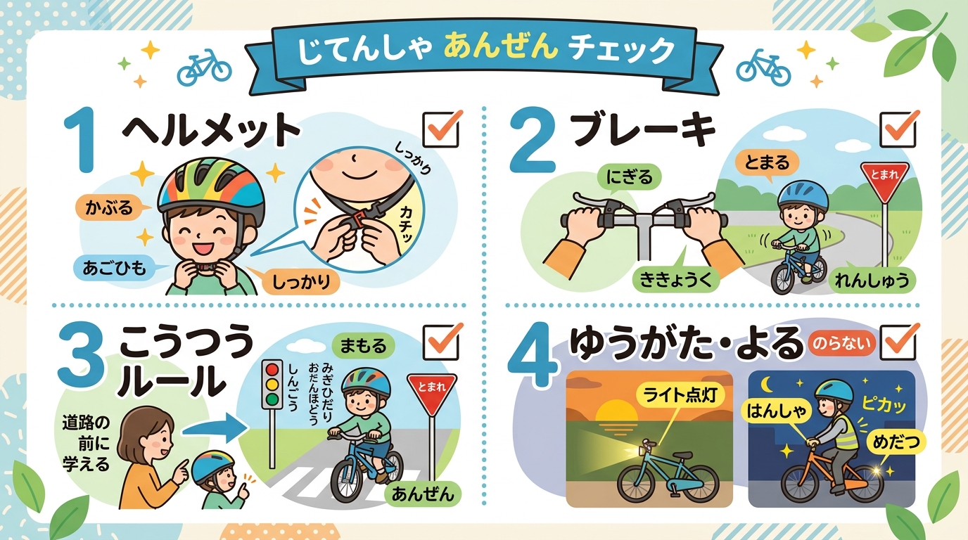 自転車の安全ポイントをまとめた図。「ヘルメットを正しくかぶる（あごひもを留める）」「ブレーキの握り方・止まり方を最初に練習」「公道デビュー前に交通ルールを教える...