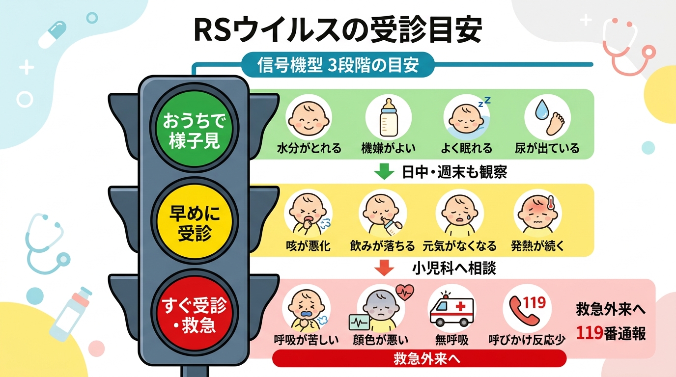 Rsウイルスの受診目安を「おうちで様子見」「早めに受診」「すぐ受診・救急」の3段階に色分けした信号機型の図。各段階に「水分がとれて機嫌よい」「咳が悪化・飲みが落...