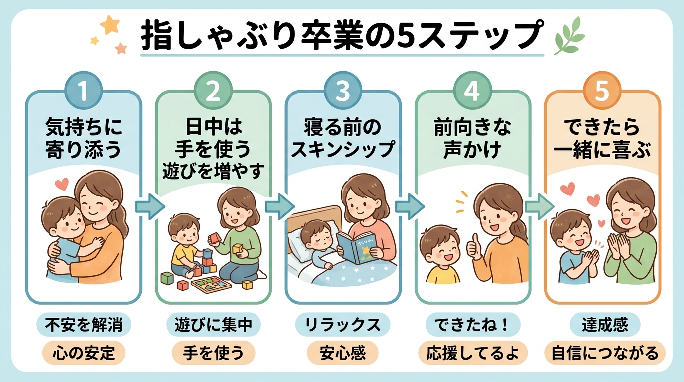 指しゃぶり卒業の5ステップを示すフロー図。「①気持ちに寄り添う」→「②日中は手を使う遊びを増やす」→「③寝る前のスキンシップ」→「④前向きな声かけ」→「⑤できた...