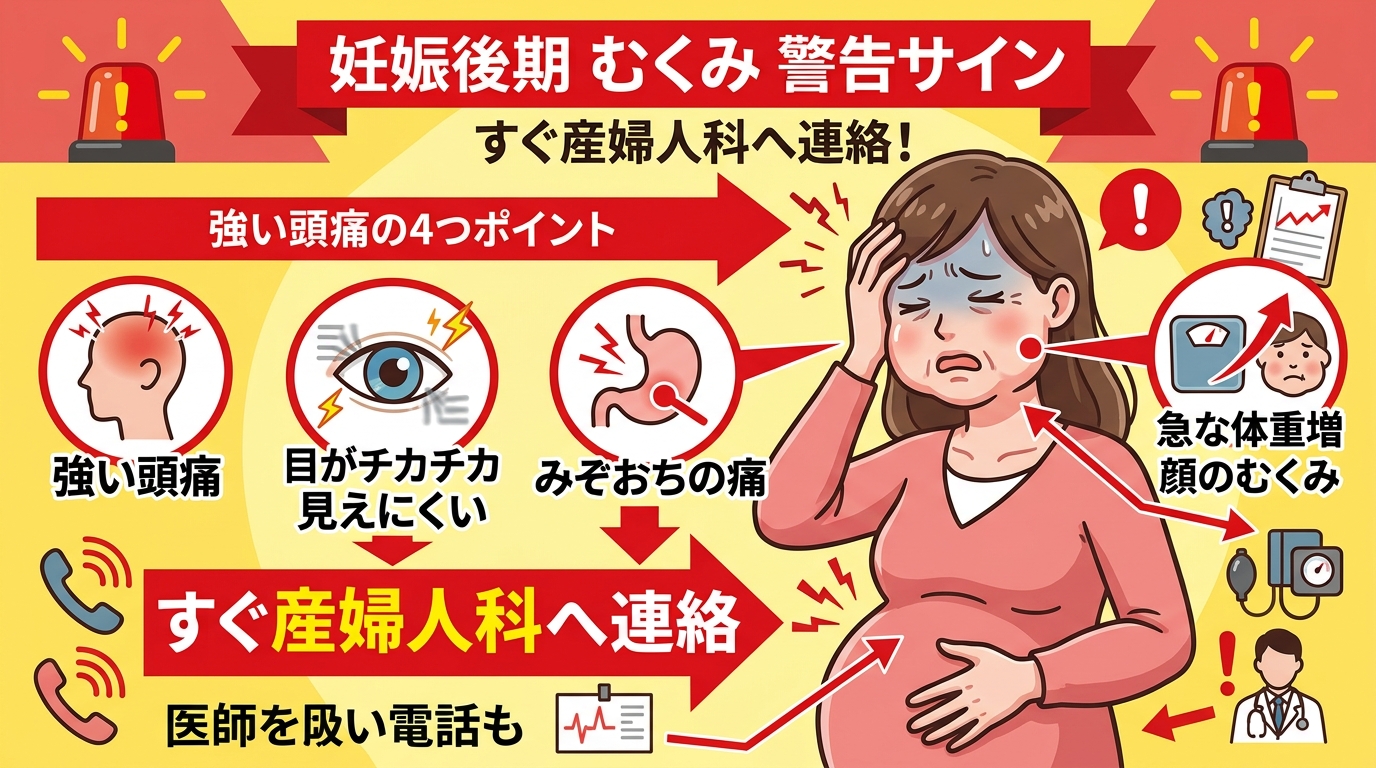 妊娠後期のむくみで受診すべきサインを赤く強調した警告図。「これまでにない強い頭痛」「目がチカチカ・見えにくい」「みぞおち・胃の痛み」「急に体重が増える・顔まで強...