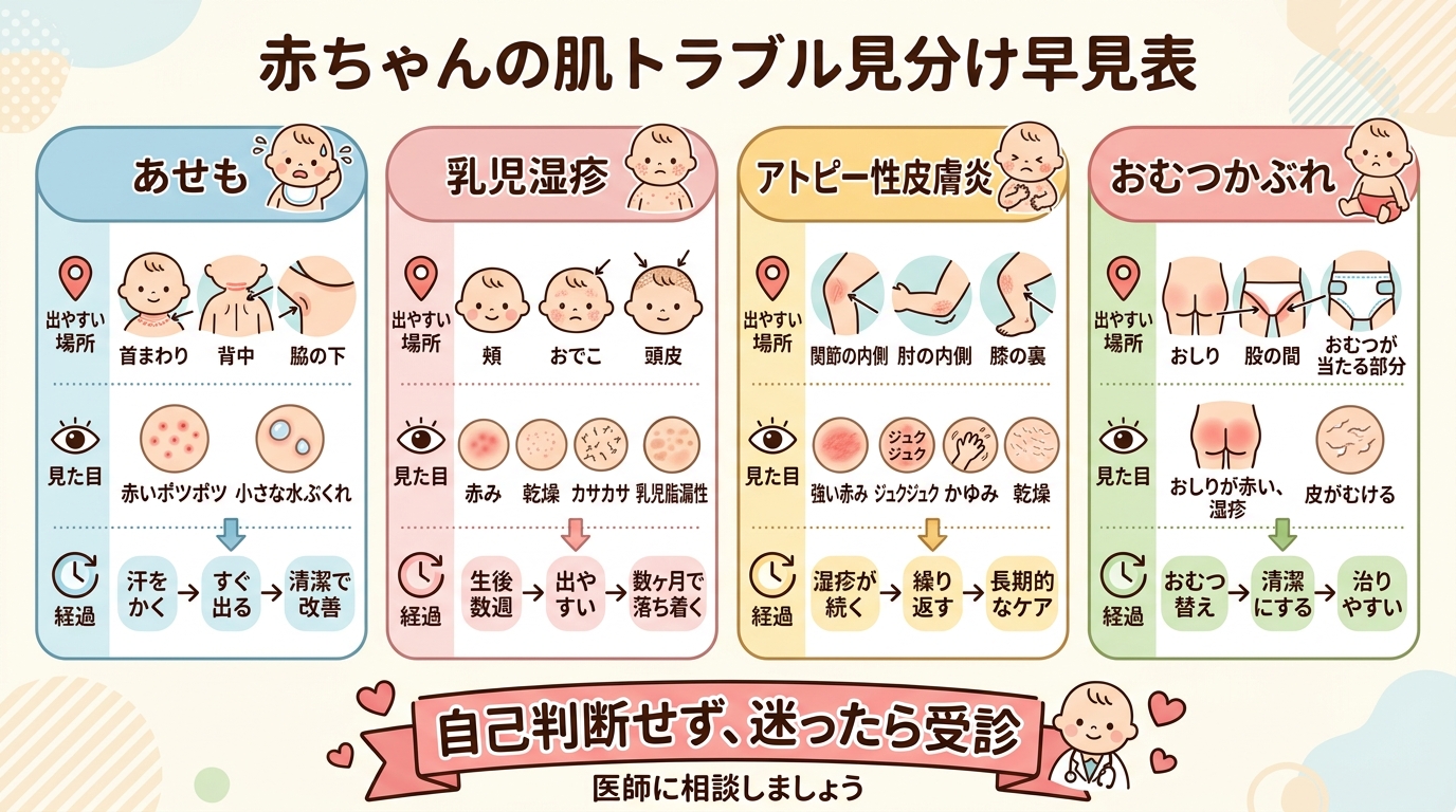 赤ちゃんの肌トラブル見分け早見表イラスト。「あせも」「乳児湿疹」「アトピー性皮膚炎」「おむつかぶれ」の4つを並べ、それぞれ「出やすい場所」「見た目」「経過」を簡...