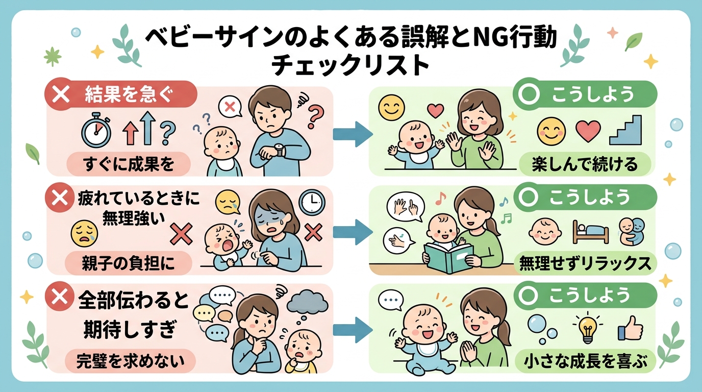 ベビーサインのよくある誤解とng行動を整理したチェックリスト図解。「✕ 結果を急ぐ」「✕ 疲れているときに無理強い」「✕...