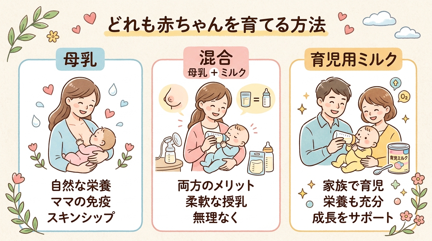 母乳・混合・ミルクの3パターンを否定せず並べた安心感のあるイラスト。「母乳」「混合（母乳＋ミルク）」「育児用ミルク」の3つを横に並べ、それぞれに赤ちゃんとママの...