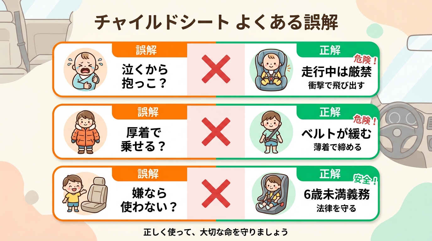 チャイルドシートのよくある誤解を◯×で示す比較カード。「泣くからたまには抱っこでもいい?→走行中は厳禁」「厚着のまま乗せても平気?→ベルトがゆるみ危険」「嫌がる...