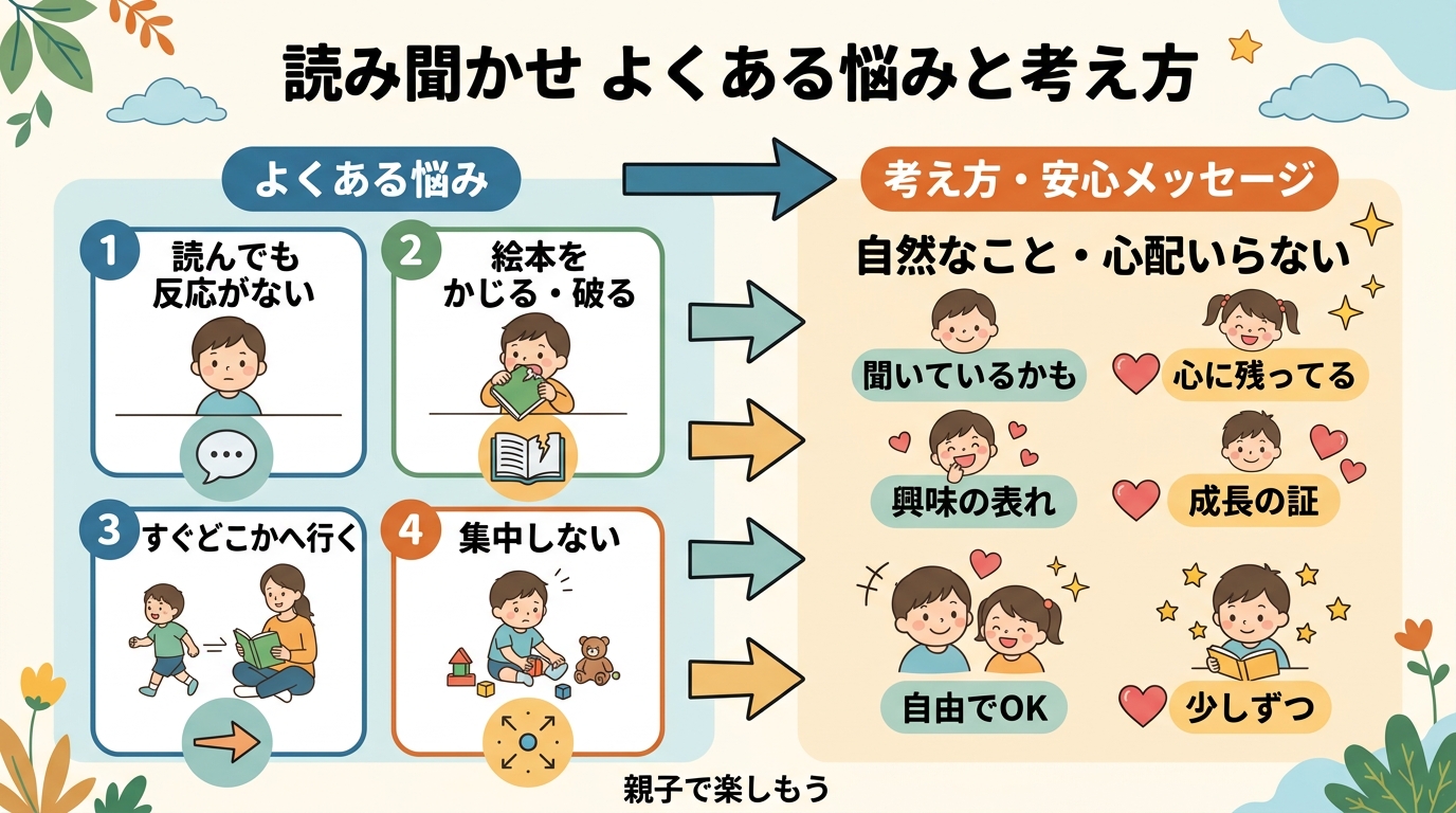 読み聞かせのよくある悩みと考え方を整理した図。左に「読んでも反応がない」「絵本をかじる・破る」「すぐどこかへ行く」「集中しない」の悩み、右に「自然なこと・心配い...