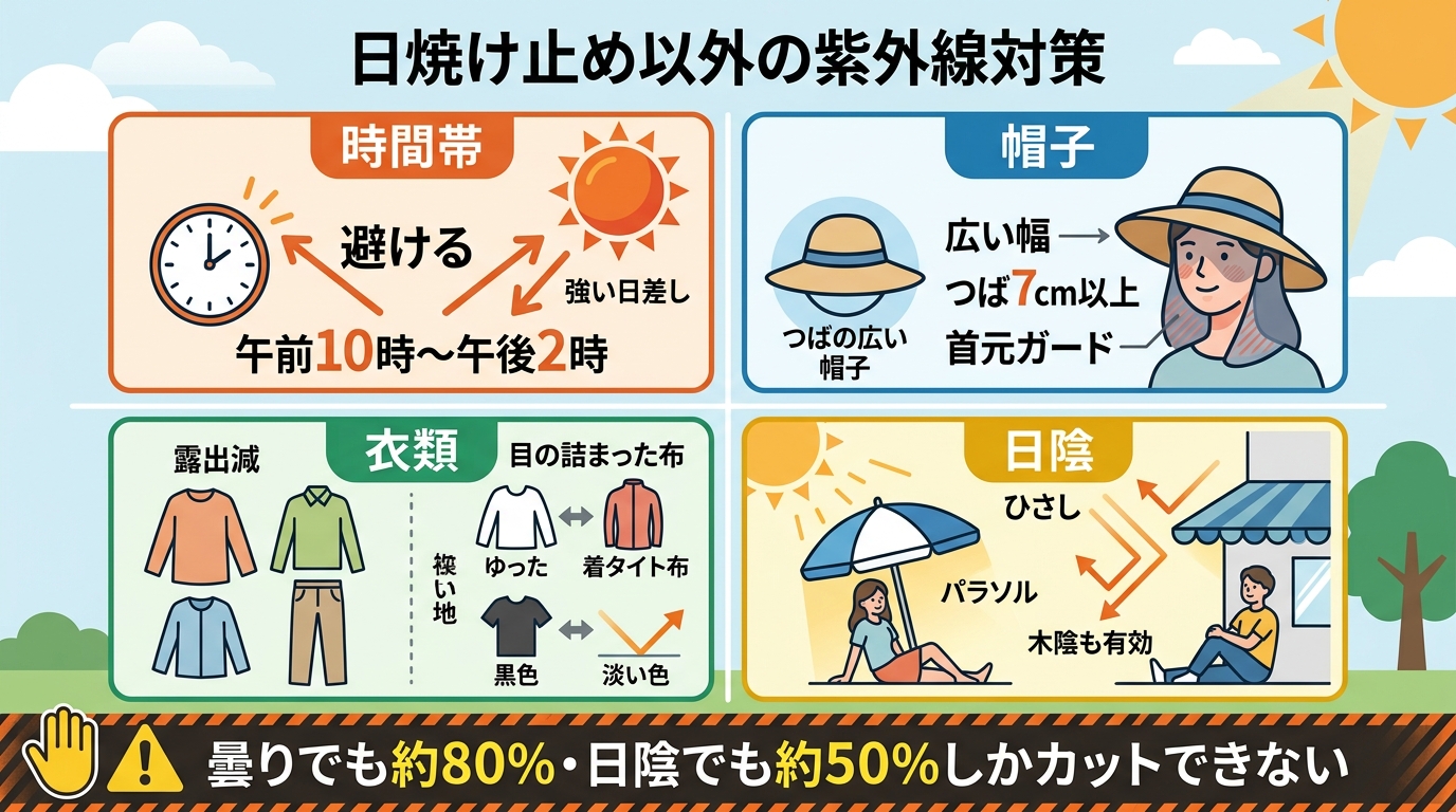 日焼け止め以外の紫外線対策をまとめた4分割インフォグラフィック。「時間帯（午前10時〜午後2時を避ける）」「帽子（つばの広い帽子）」「衣類（露出を減らす・目の詰...