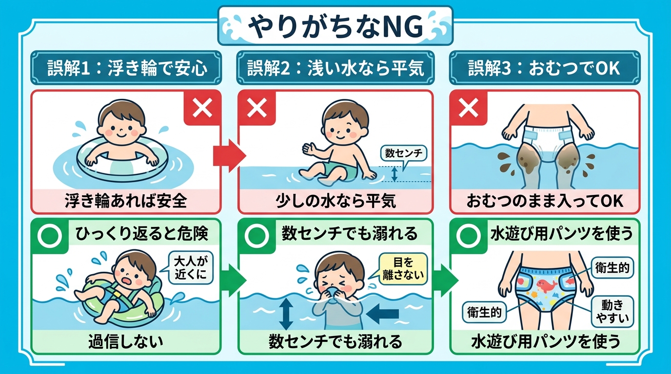 水遊びでやりがちな誤解3つを「バツ」と「マル」で対比した図解。「誤解1：浮き輪があれば安全→ひっくり返ると危険・過信しない」「誤解2：少しの水なら平気→数センチ...