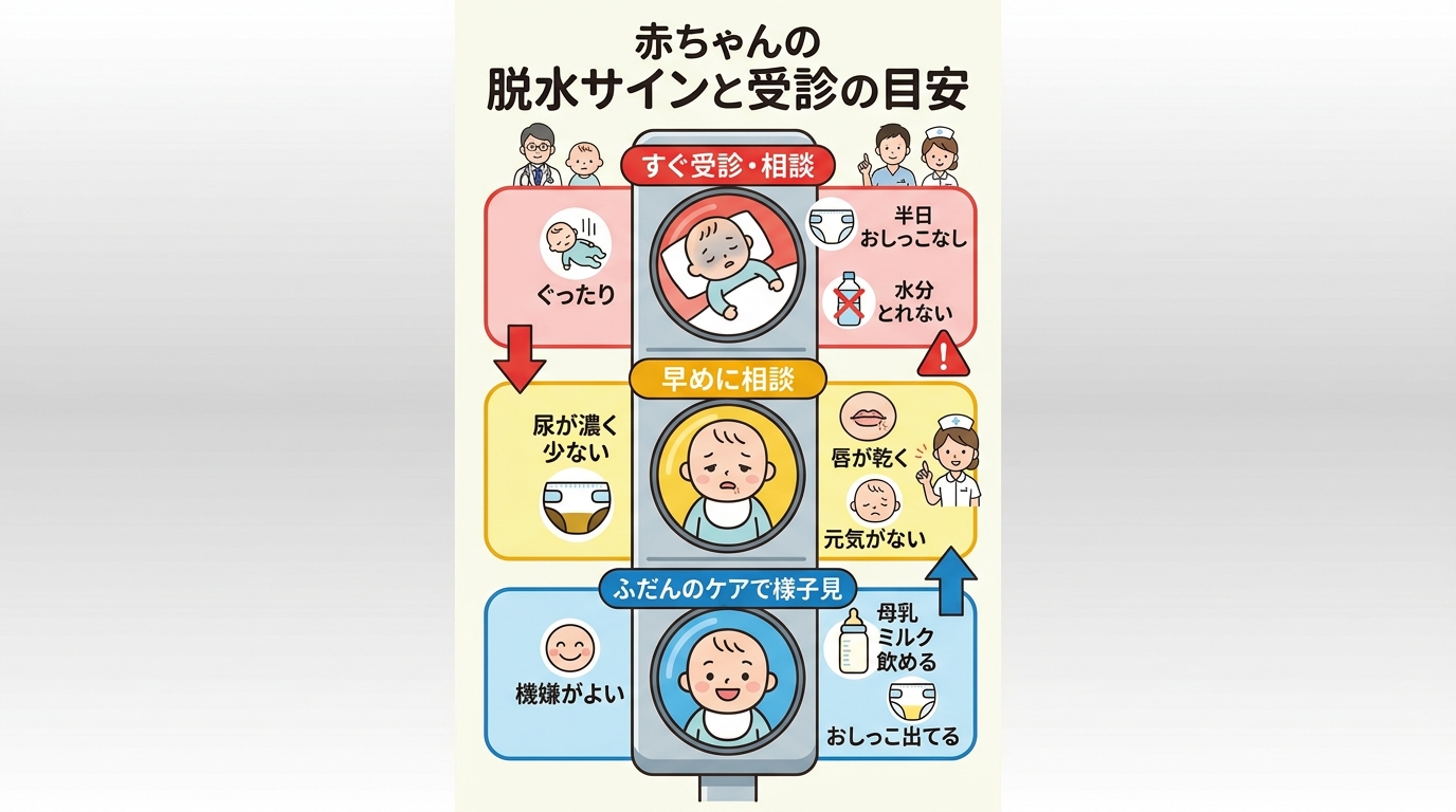 赤ちゃんの脱水サインと受診の目安を示す信号機型イラスト。「すぐ受診・相談（赤）」「早めに相談（黄）」「ふだんのケアで様子見（青）」の3段階。赤＝ぐったり・半日以...