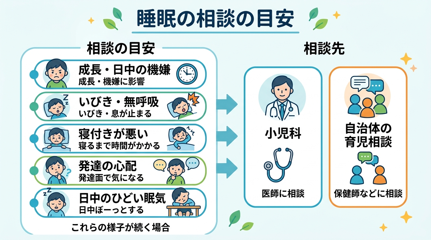 睡眠に関する相談の目安を示す図。「成長や日中の機嫌に影響が出るほど眠らない」「いびきや無呼吸が気になる」「発達の心配がある」などの状況を箇条書きにし、相談先とし...