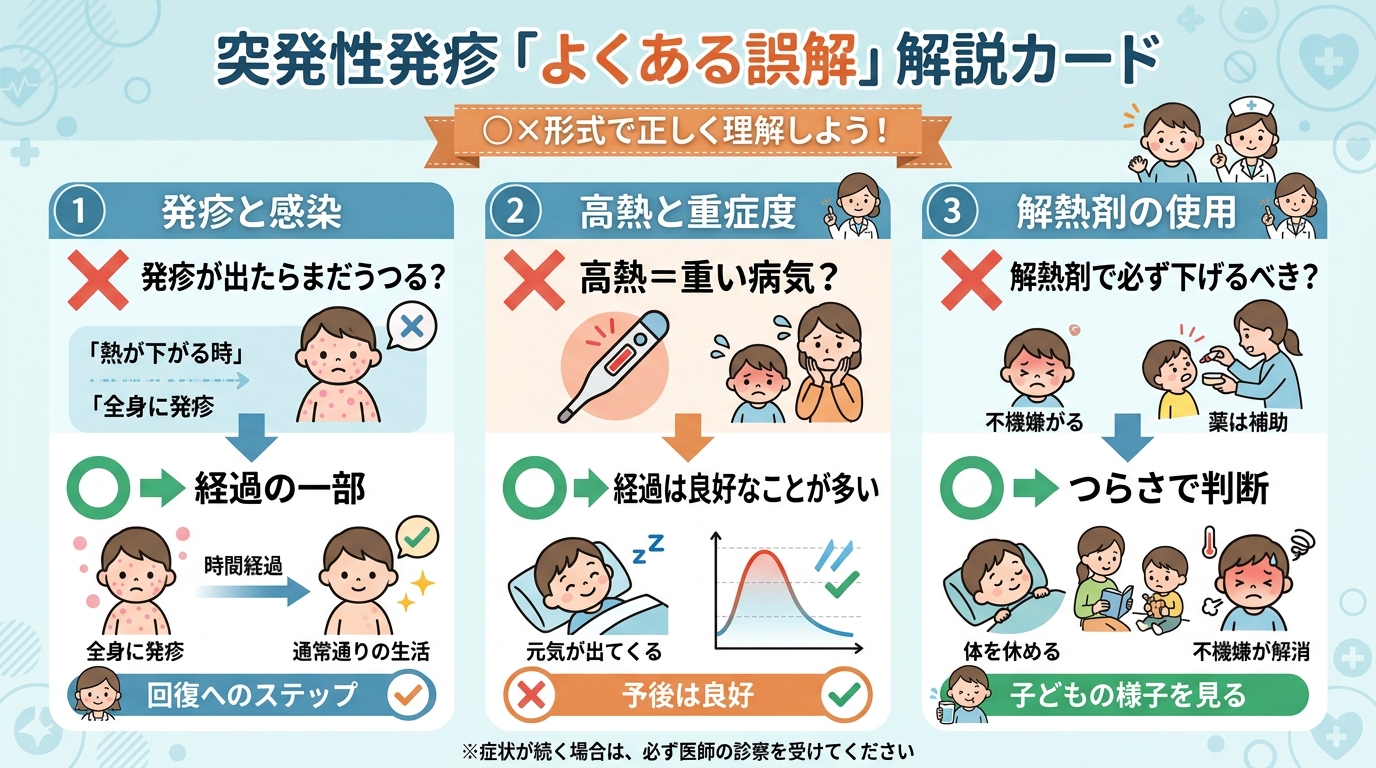 突発性発疹の「よくある誤解」を◯×形式で並べた比較カード。「発疹が出たらまだうつる？→経過の一部」「高熱=重い病気?→経過は良好なことが多い」「解熱剤で必ず下げ...