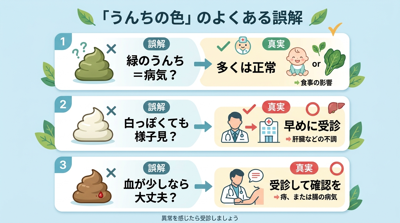 うんちの色のよくある誤解を◯×で示す比較カード。「緑のうんち＝病気?→多くは正常」「白っぽくても様子見でいい?→早めに受診」「血が少しなら大丈夫?→受診して確認...