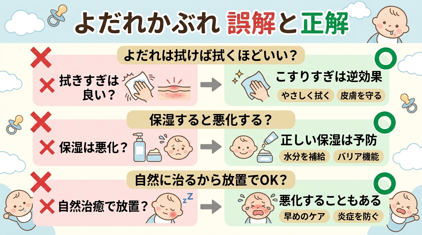 よだれかぶれのよくある誤解を◯×で示す比較カード。「よだれは拭けば拭くほどいい?→こすりすぎは逆効果」「保湿すると悪化する?→正しい保湿はむしろ予防」「自然に治...
