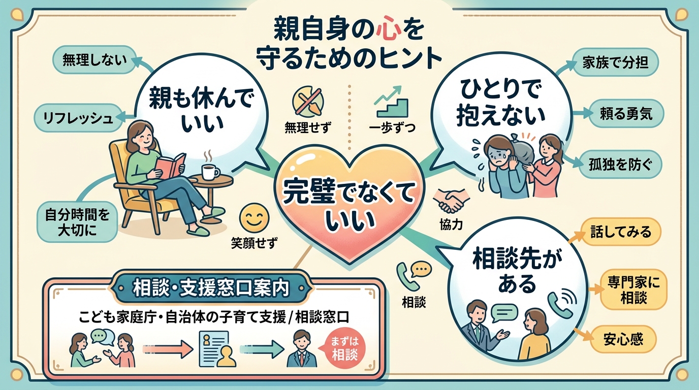 親自身を追い詰めないためのメッセージ図。「完璧でなくていい」を中心に、「親も休んでいい」「ひとりで抱えない」「相談先がある」の3つの吹き出し。下部に「こども家庭...