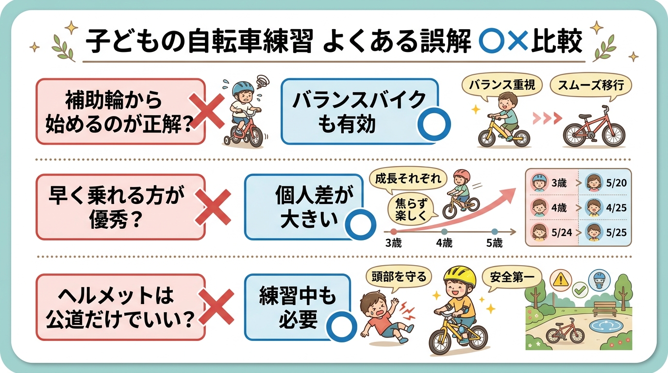 子どもの自転車練習のよくある誤解を◯×で示す比較カード。「補助輪から始めるのが正解?→バランスバイクも有効」「早く乗れる方が優秀?→個人差が大きい」「ヘルメット...