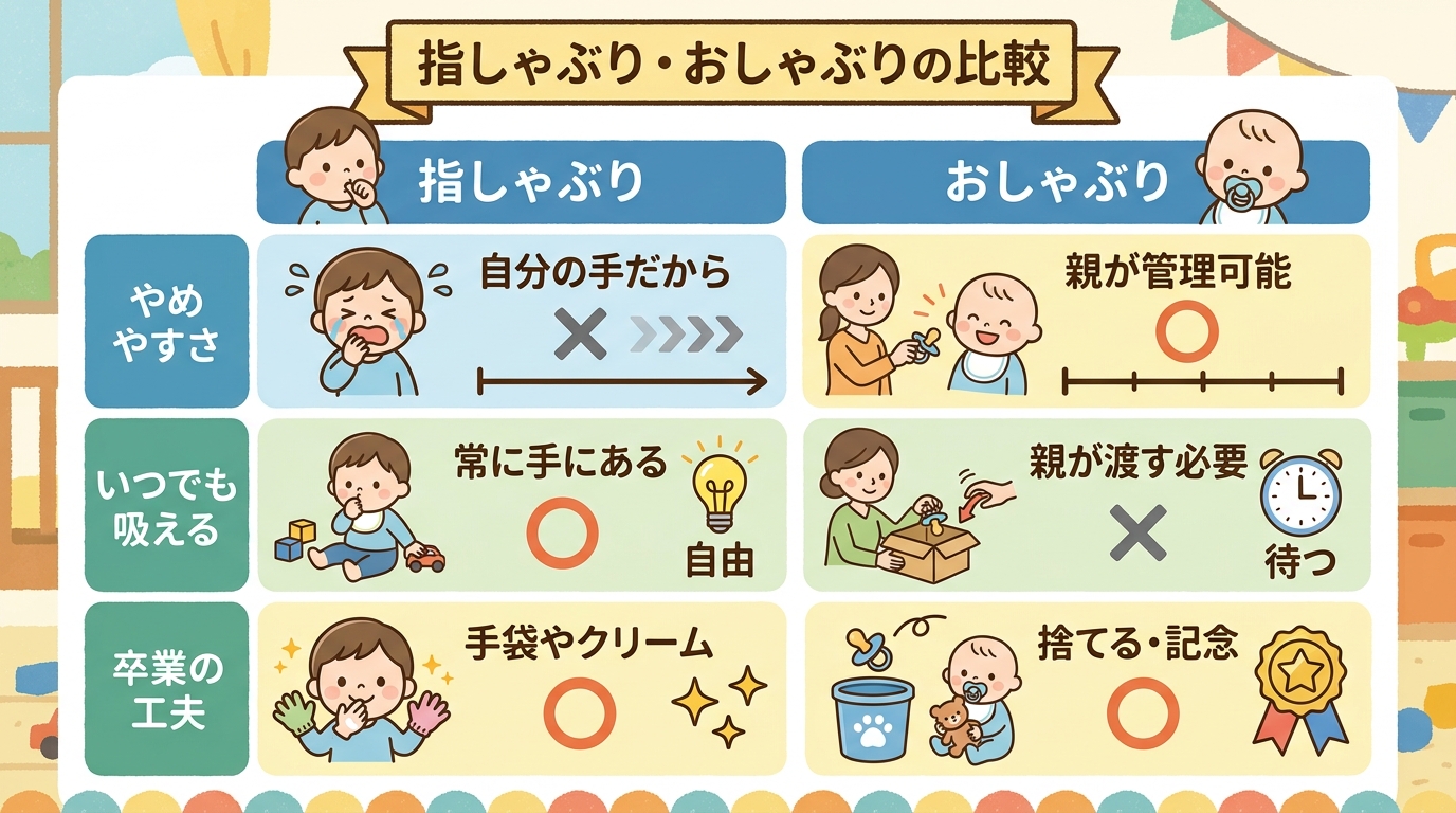 「指しゃぶり」と「おしゃぶり」を左右で比較したイラスト付き表。比較項目として「やめやすさ」「いつでも吸えるか」「卒業の工夫」を縦に並べ、それぞれに親しみやすいイ...