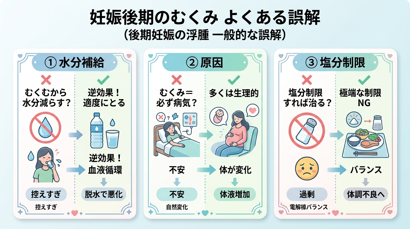 妊娠後期のむくみのよくある誤解を◯×で示す比較カード。「むくむから水分を減らすべき?→控えすぎは逆効果」「むくみ＝必ず病気のサイン?→多くは生理的」「強い塩分制...