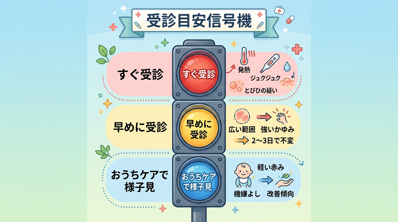 受診目安を信号機型で示したイラスト。「すぐ受診（赤）」「早めに受診（黄）」「おうちケアで様子見（青）」の3段階。各段階に該当する症状の日本語ラベル（赤＝発熱・ジ...