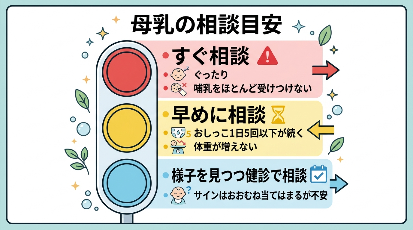 母乳の相談目安を3段階の信号機型で示すイラスト。「すぐ相談（赤）：ぐったり・哺乳をほとんど受けつけない」「早めに相談（黄）：おしっこ1日5回以下が続く・体重が増...