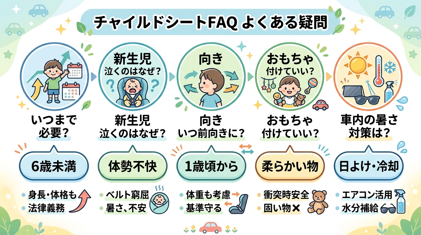 チャイルドシートのfaqを吹き出し形式でまとめた図。「いつまで必要?」「新生児から泣くのはなぜ?」「向きはいつ前向きに?」「おもちゃは付けていい?」「車内の暑さ...