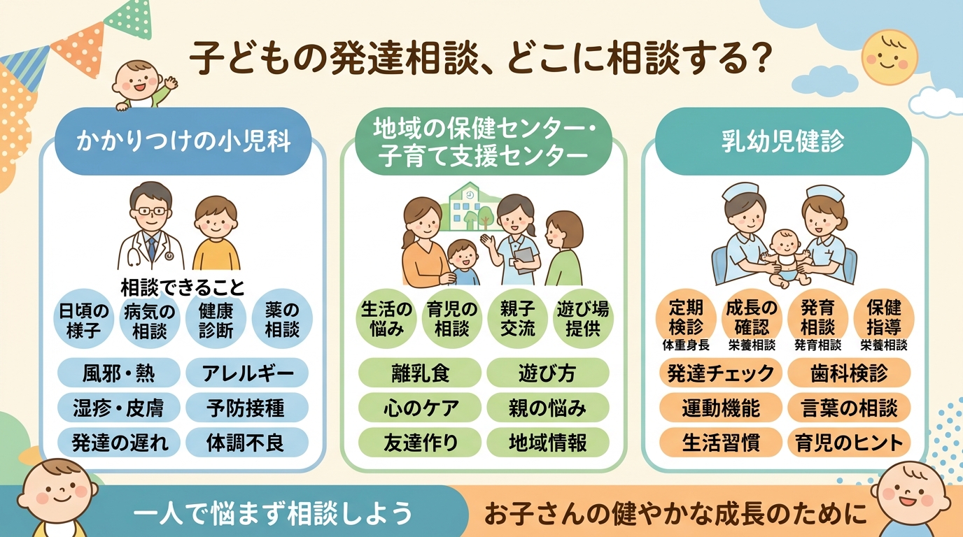 子どもの発達相談先を示すやさしい案内図。「かかりつけの小児科」「地域の保健センター・子育て支援センター」「乳幼児健診」の3つを並べ、それぞれに「相談できること」...