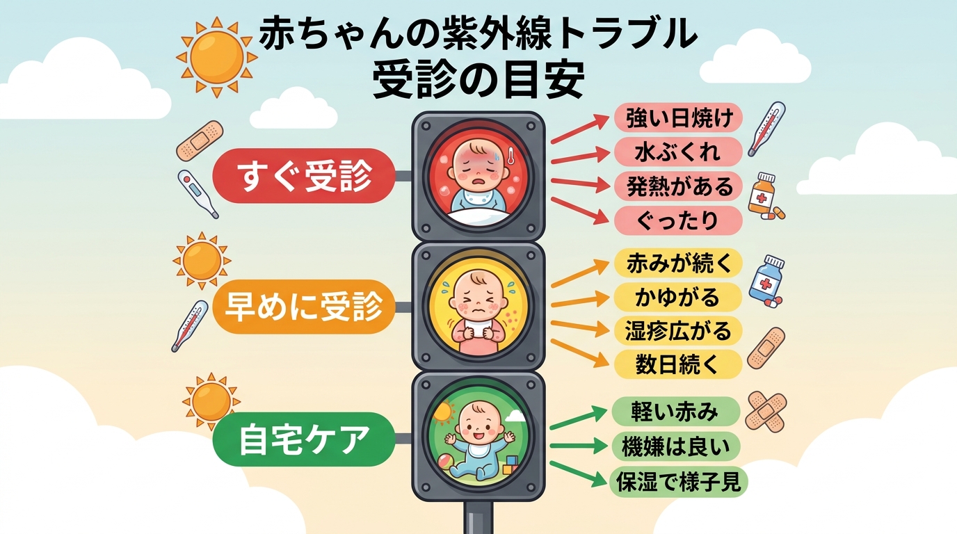 赤ちゃんの紫外線・日焼け止めトラブルの受診目安を信号機型で示したイラスト。「すぐ受診（赤）：強い日焼けで水ぶくれ・発熱・ぐったり」「早めに受診（黄）：赤み・かゆ...