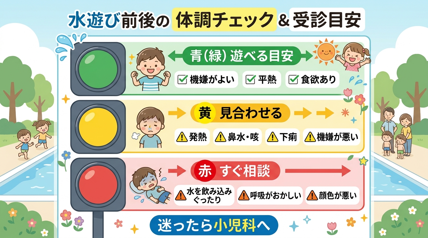 水遊び前後の体調チェックと受診目安を信号機形式で図解。緑「遊べる目安：機嫌がよい・平熱・食欲あり」、黄「見合わせる：発熱・鼻水や咳・下痢・機嫌が悪い」、赤「すぐ...